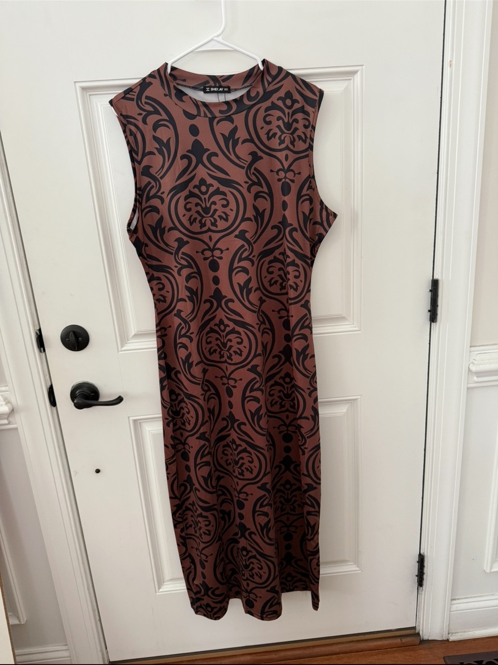 Sleeveless Brown Midi Dress with Black Damask Print